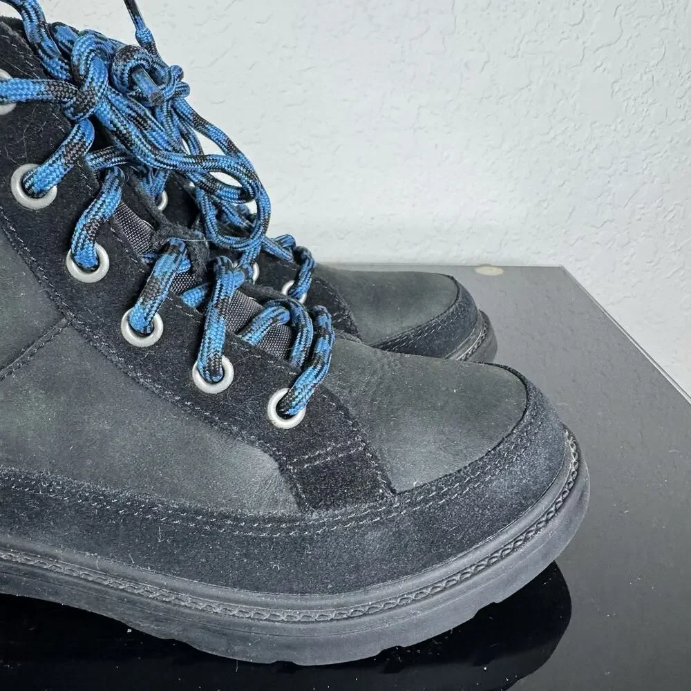 Ugg Robley Kids Waterproof Leather Boots Shoes 2 Black Blue Laces Zip Suede EUC